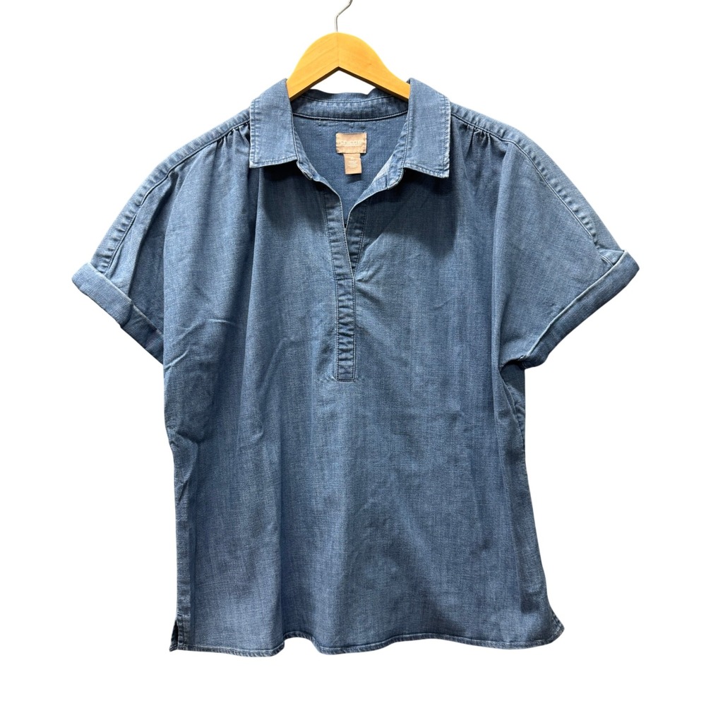 Chico's Top Womens Large Short Sleeve Popover Blue Denim Chambray Coastal